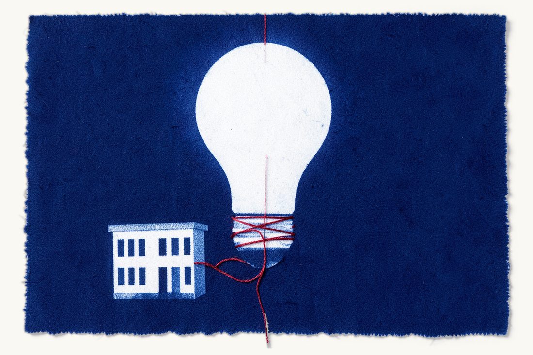 Corporate authorship rights in Turkey: a large lightbulb bound by a red thread to a small office block below it, cyanotype print