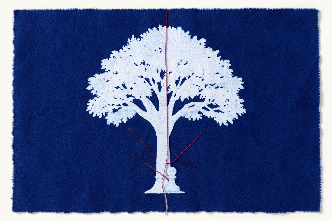 Turkish citizenship for foreigners: a large leafy tree with a small chess pawn at its foot and a red thread splitting into five lines along its five branches, cyanotype print