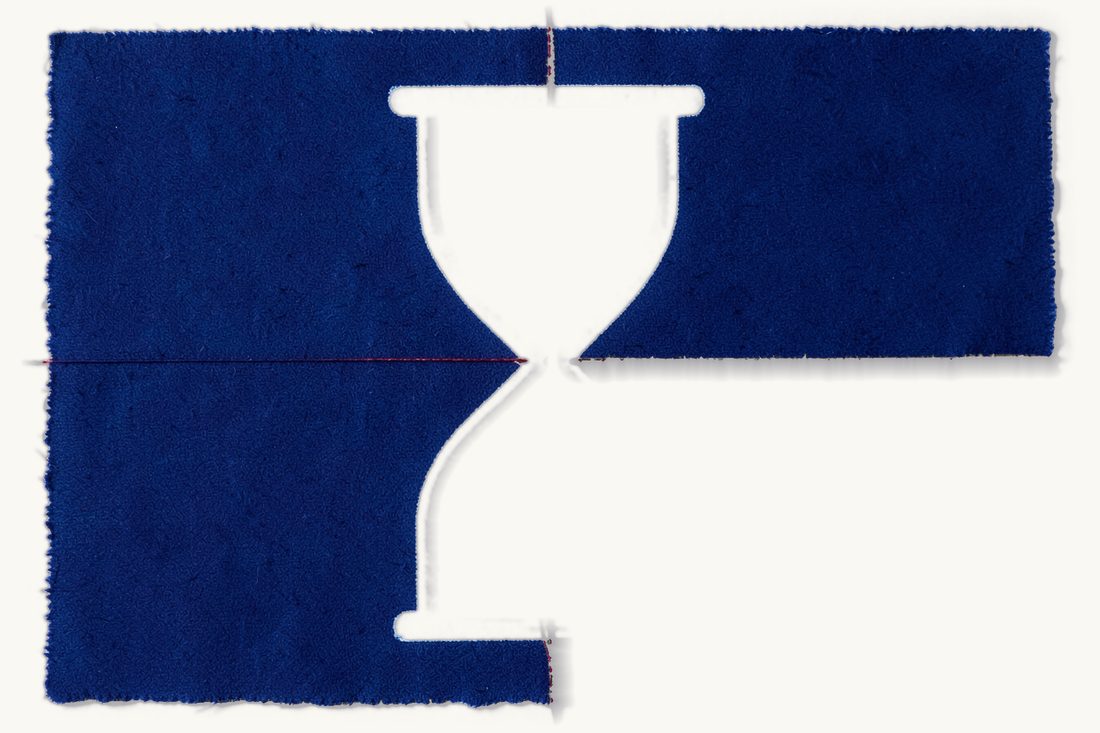 Inheriting property in Turkey as an American: a large hourglass with a small house in its upper chamber and a small chess pawn waiting below, a red thread linking them, cyanotype print