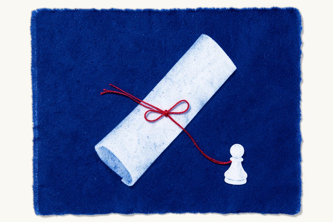 Certificate of inheritance in Turkey: a large blank rolled scroll tied with a bow of red thread, its loose end reaching a small chess pawn, cyanotype print