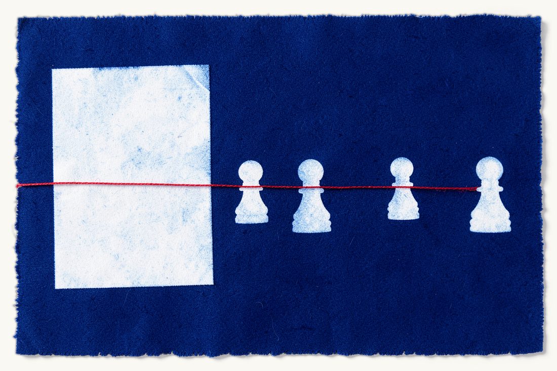Who may challenge a general assembly resolution: a folded sheet of paper linked by a red thread to a row of four chess pawns, cyanotype print