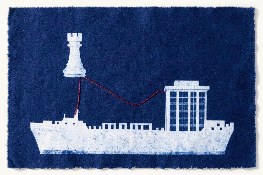 Cartels and anticompetitive agreements in Türkiye: a large cargo ship with a small chess rook above it at the left and a small office block at the right, a red thread running from the rook over the ship to the office block, cyanotype print