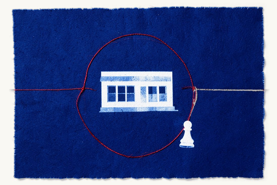 What ISTAC is: a large office block alone inside a closed red thread circle with a small chess pawn standing outside it, cyanotype print