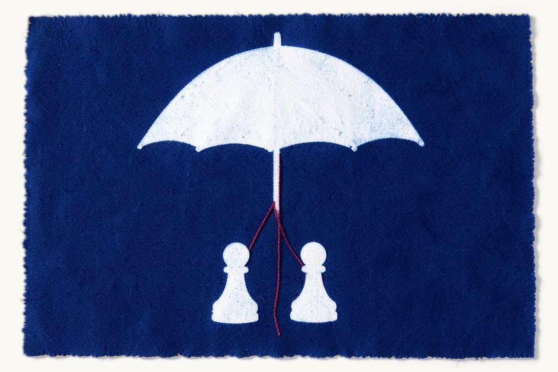 The role of arbitral institutions such as ISTAC: a large open umbrella sheltering two chess pawns, each tied by a red thread to the canopy, cyanotype print