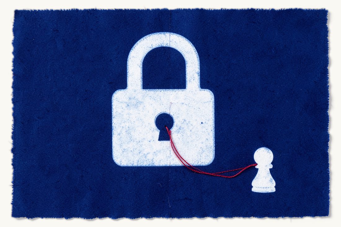 Foreigner arrested in Türkiye: a large closed padlock with a red thread winding away from it in a long line to a small chess pawn at the lower right, cyanotype print