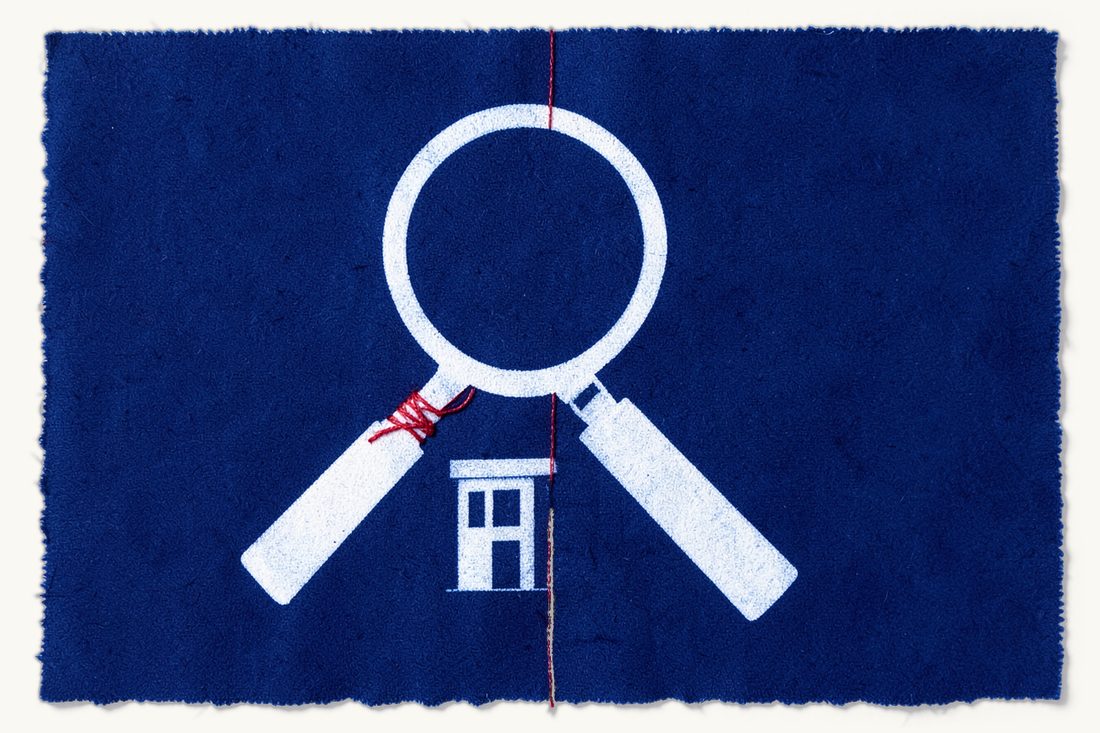 Banking and finance law in Türkiye, the framework at a glance: a large magnifying glass over a small office block, tied to it by a red thread, cyanotype print