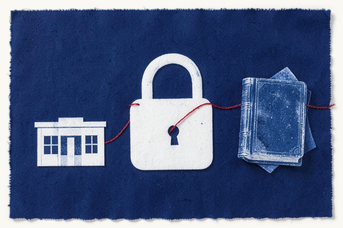 Where banking and finance disputes go in Türkiye: a large closed padlock with a red thread from a small office block through its shackle to a thick book, cyanotype print