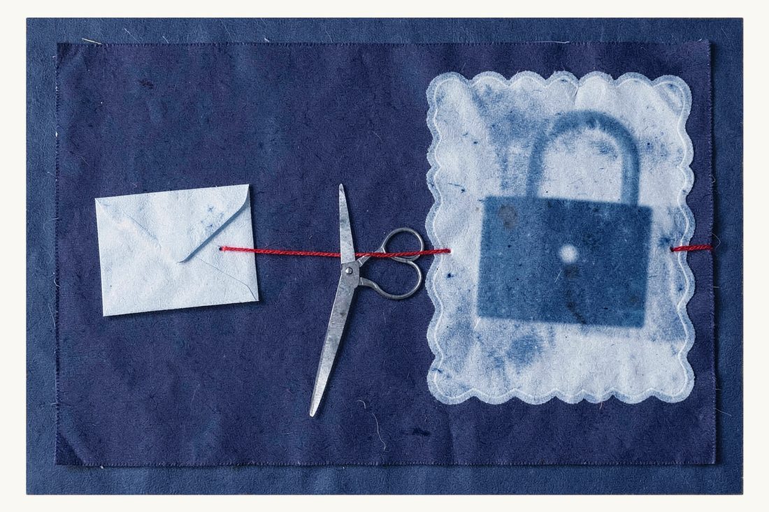 When the MKK is not notified: cyanotype print of a closed envelope whose red thread is cut by scissors before it reaches a blank scalloped share certificate shut with a padlock