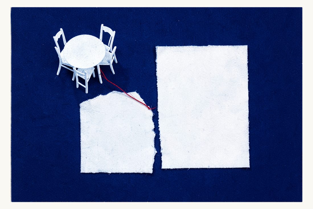 Void board resolutions in Turkey: a blank sheet torn in two, a red thread from a small round table with empty chairs ending loose at the tear, cyanotype print