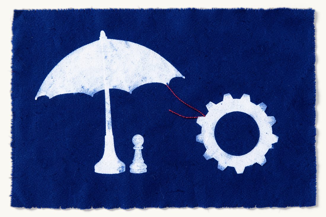 Delegation of management in Turkish companies: a large open umbrella over a chess pawn, with a gear wheel outside tied by a red thread to the umbrella rim only, cyanotype print