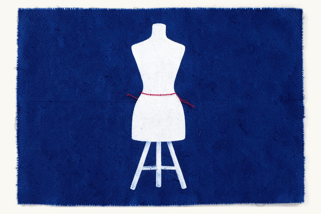 Claims after a botched BBL or liposuction in Türkiye: a tailor's dress form with full hips and a broken red line of stitches over them, cyanotype print