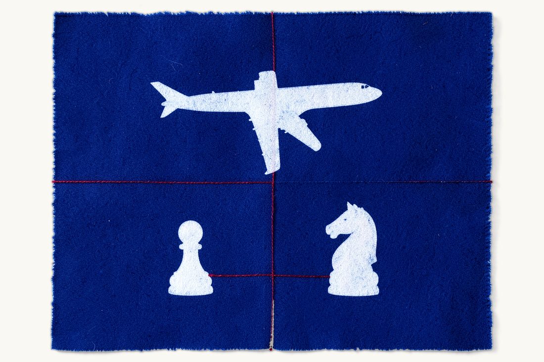 Remote legal representation for patients abroad: a large airplane left unused above a straight red thread joining a chess pawn on the left to a chess knight on the right, cyanotype print