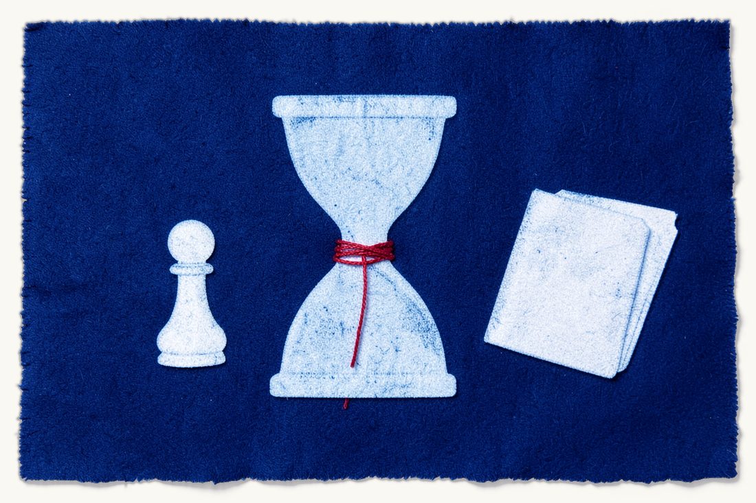 Time limits in cosmetic and dental malpractice claims: a large hourglass with a red thread around its waist, a chess pawn on the left and a document folder on the right, cyanotype print