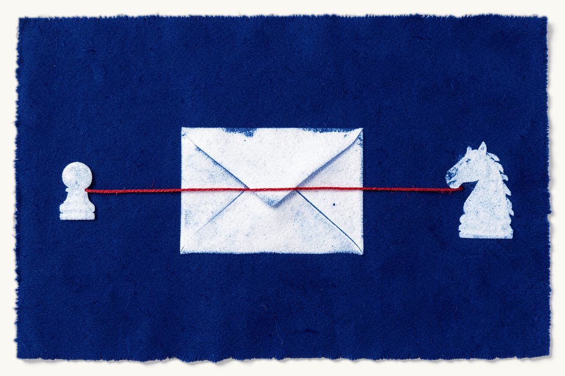 Filing a malpractice lawsuit in Istanbul without travelling: a large envelope riding a long red thread from a distant chess pawn to a chess knight, cyanotype print