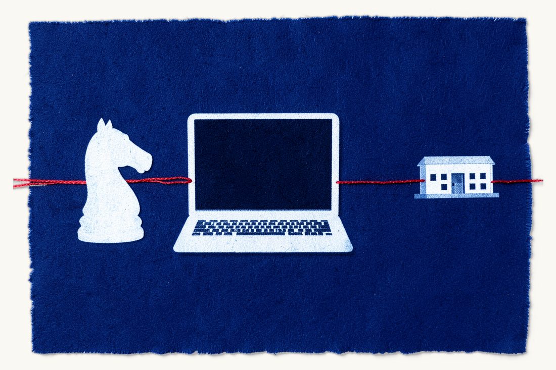 Running a Turkish malpractice claim remotely from abroad: a laptop with a dark screen, a chess knight beside it and a red thread linking them to a distant office block, cyanotype print