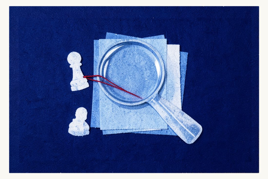 Breach of contract in Türkiye: a large magnifying glass over a stack of blank papers, a small chess pawn at the left and a red thread passing through the lens into the papers, cyanotype print