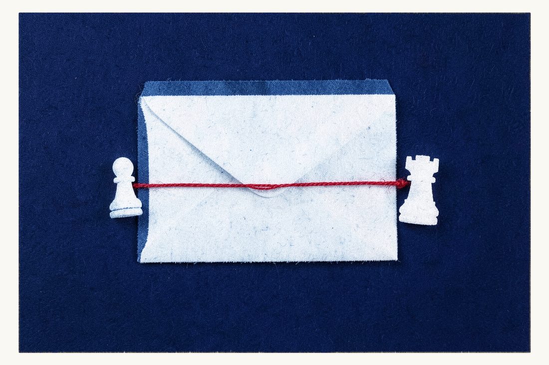 Bribery under Turkish law: a large closed envelope tied by one red thread to a small chess pawn on one side and a small rook on the other, cyanotype print
