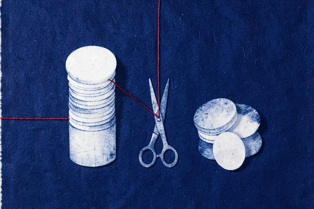 Capital reduction in a Turkish joint stock company: a tall stack of plain white discs, an open pair of scissors and the discs cut away from it set aside in a small pile, joined by a red thread, cyanotype print