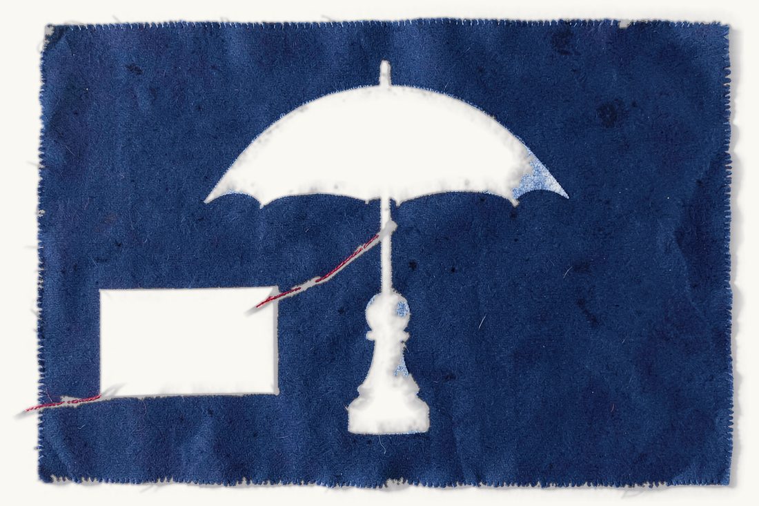 Creditor protection in a capital reduction: a closed envelope linked by a red thread to a small chess pawn sheltered under an open umbrella, cyanotype print