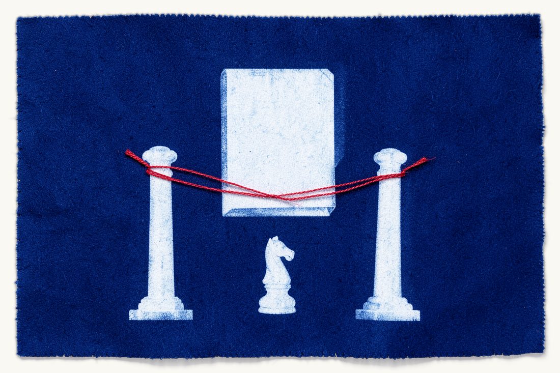 Why arbitration merits stay untouched: a red barrier rope between two museum posts in front of a closed document folder, a chess knight waiting before it, cyanotype print