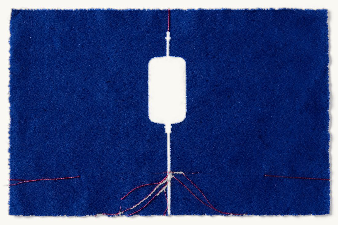 Routes to redress when medical care goes wrong: a drip stand with a blank infusion bag and a red thread splitting into three paths at its foot, cyanotype print