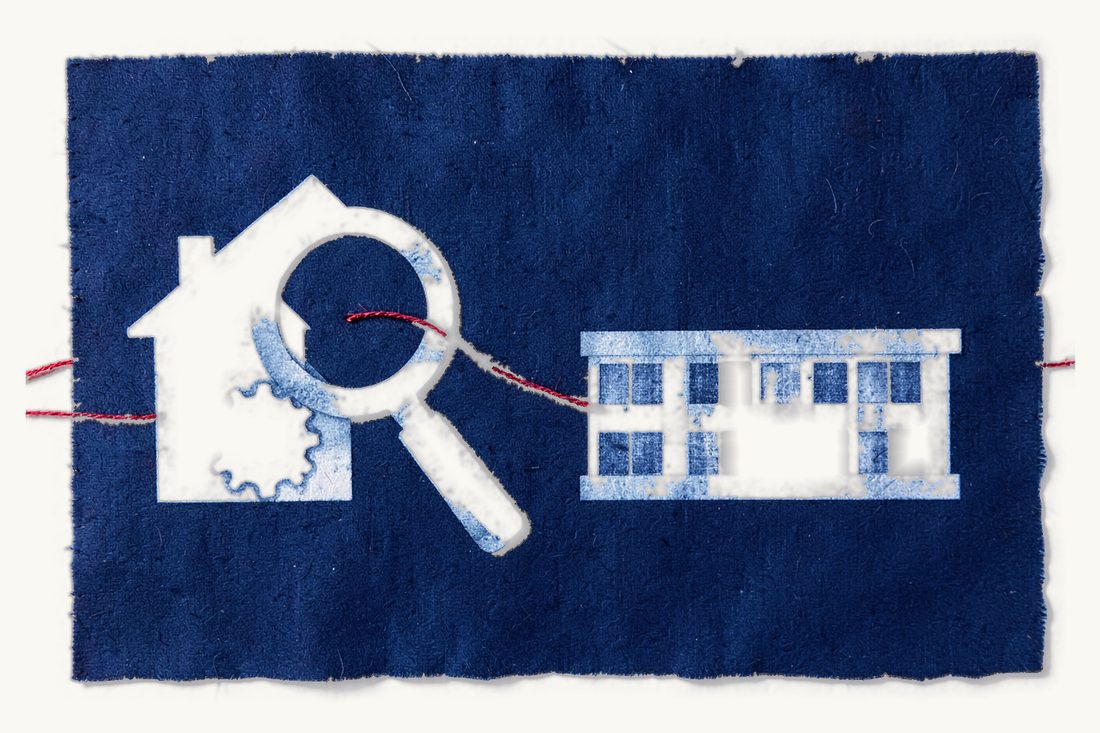 Contribution in kind to a Turkish joint stock company: cyanotype print in deep Prussian blue of a house and a gear wheel under a large magnifying glass, a red thread running to a low office block