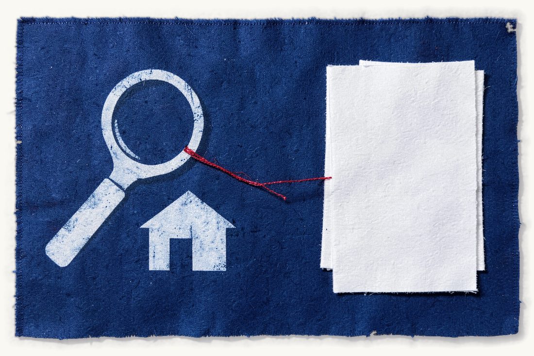 Court-appointed valuation of a contribution in kind: cyanotype print in deep Prussian blue of a large magnifying glass over a small house, a red thread running to a stack of blank sheets
