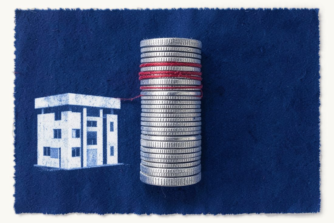 The legal framework for corporate tax in Turkey: a tall ridged stack of plain coins with a red thread band around its top fifth and an office block at the left tied to that band, cyanotype print