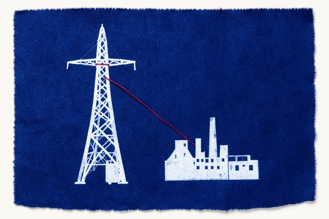 Energy law for foreign investors: an electricity pylon linked by a red thread power line to a factory with a chimney, a small suitcase at its foot, cyanotype print