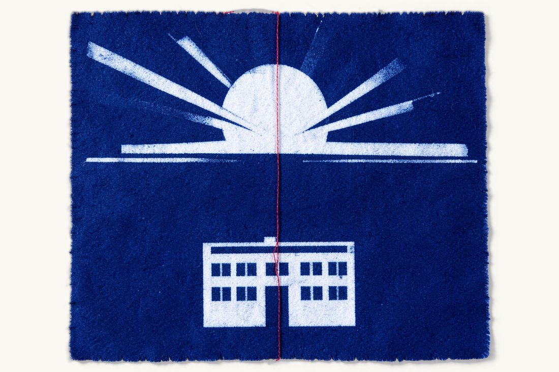 Dawn raids by the Turkish Competition Authority: a large half-risen sun whose red thread runs straight down to the front door of an office block, cyanotype print