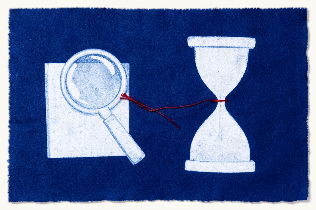 Inspection right in a demerger: a magnifying glass over a document folder with a red thread winding around a large hourglass, cyanotype print