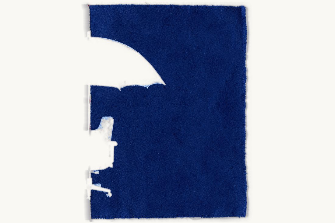 Director civil liability and its defences: a large open umbrella sheltering a high-backed office chair, a red thread from an office block stopping on its canopy, cyanotype print