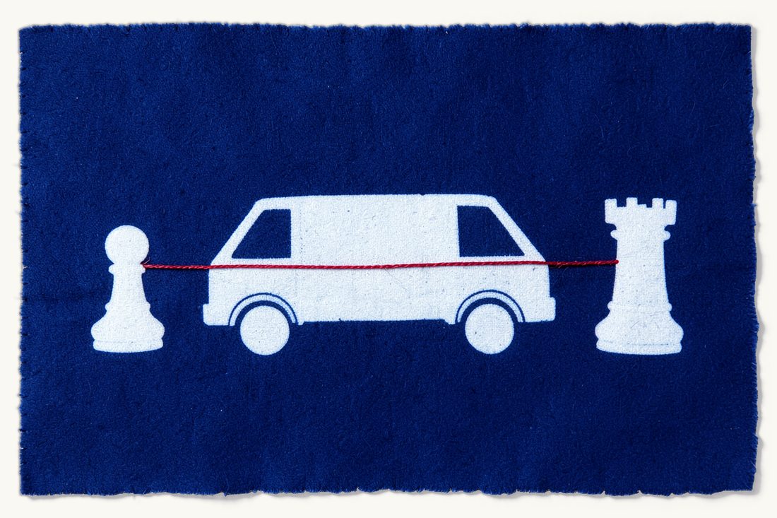 Distribution, agency and franchise agreements judged by substance, not label: a delivery truck crossed by a red thread from a chess pawn on the left to a rook on the right, cyanotype print