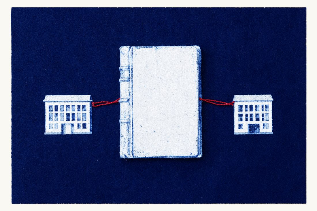 Governing law and forum clauses in distribution agreements: a large antique book in the centre, with a red thread running to it from a low office block on each side, cyanotype print
