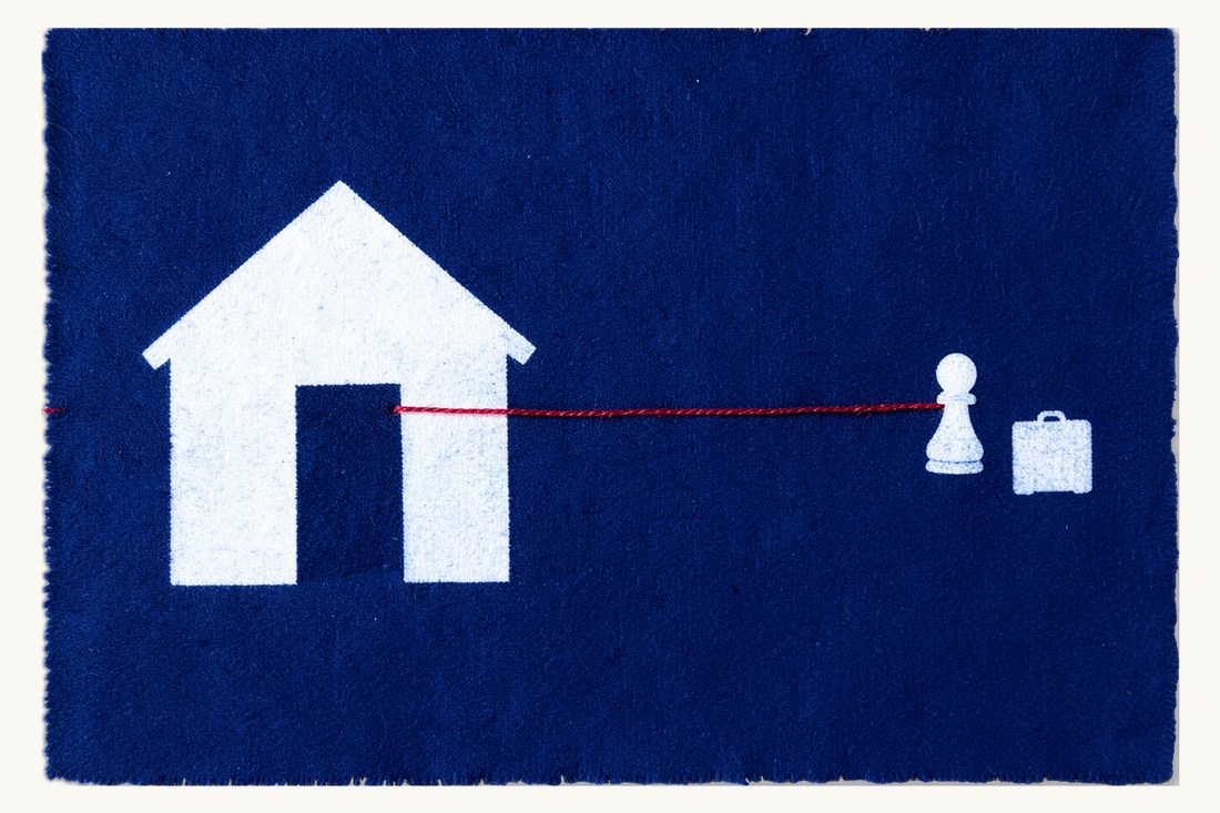 Divorce for abandonment in Turkey: a large house with an open door, a small chess pawn with a suitcase far at the right, the red thread between them cut, cyanotype print