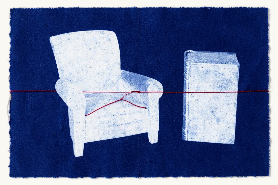 Court procedure in a divorce for abandonment: a large empty armchair pushed back as if just left, a red thread from its seat tied around an antique book, cyanotype print