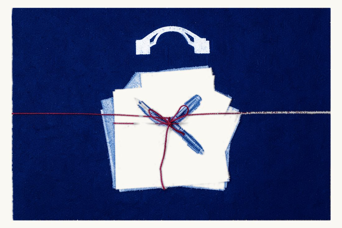 Documents needed for a Tenfiz case: a large open folder with blank sheets fanned out, a fountain pen on top, tied with red thread, and a small arched bridge above, cyanotype print