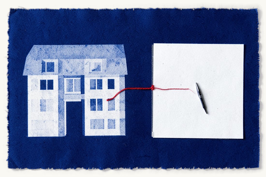 Identity and company registry documents for a tenfiz case: a large office block linked by a red thread to a fountain pen resting on a blank sheet, cyanotype print