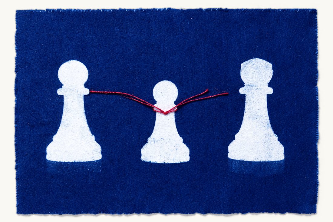 Number and appointment of arbitrators: three chess pawns in a row, red threads from the two outer pawns meeting at the middle one in a V, cyanotype print