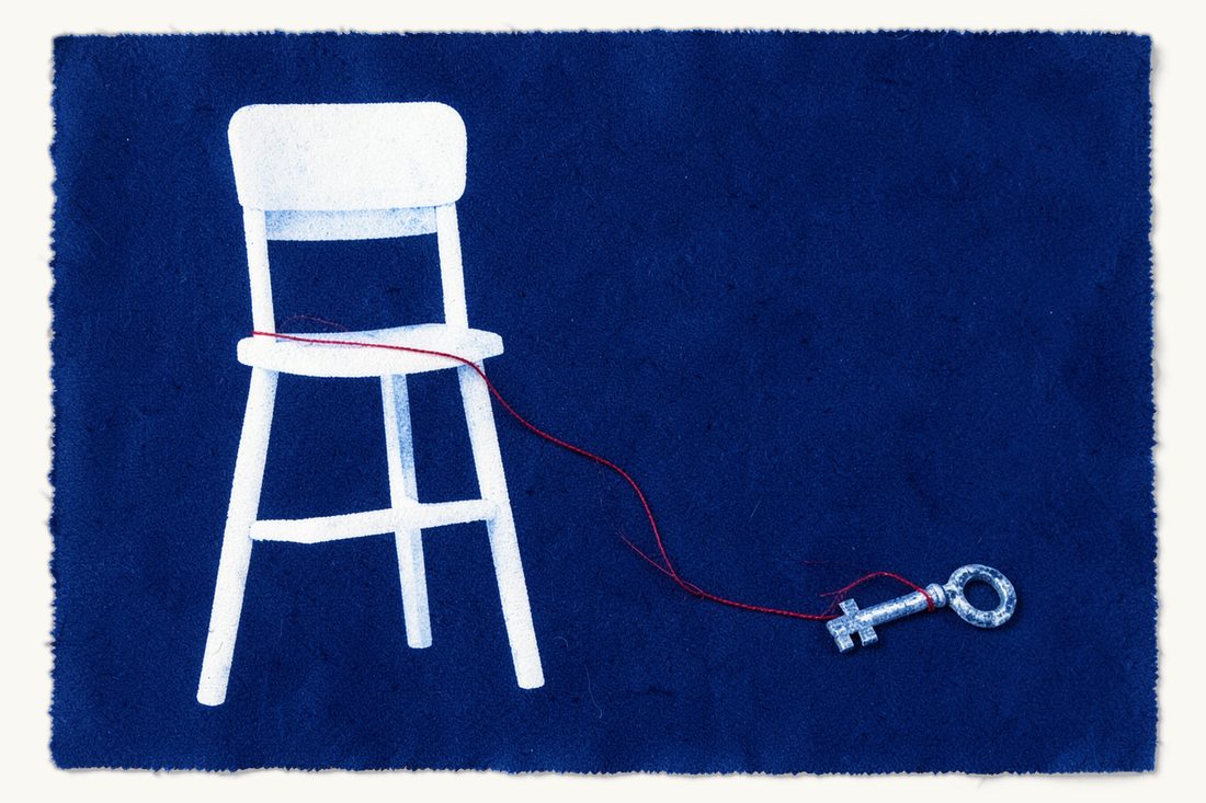 Enforcing a foreign arbitral award in Türkiye: a tall empty umpire's high chair with a short ladder, a red thread from its seat tied to an old key lying far off, cyanotype print