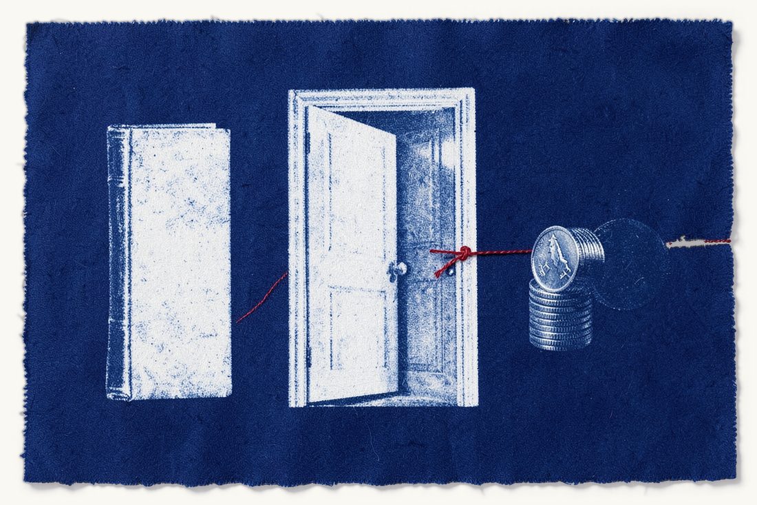 Enforcing foreign judgments in Türkiye: a large half-open door with an old book at the left and a stack of silver coins beyond it at the right, a red thread from the book ending tied around the door edge, cyanotype print