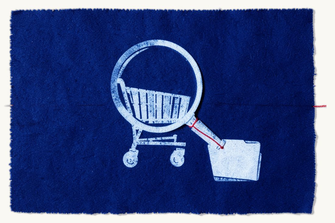 Gathering evidence of counterfeit goods for IP enforcement: a magnifying glass over a shopping cart, a red thread leading from its rim to a document folder, cyanotype print