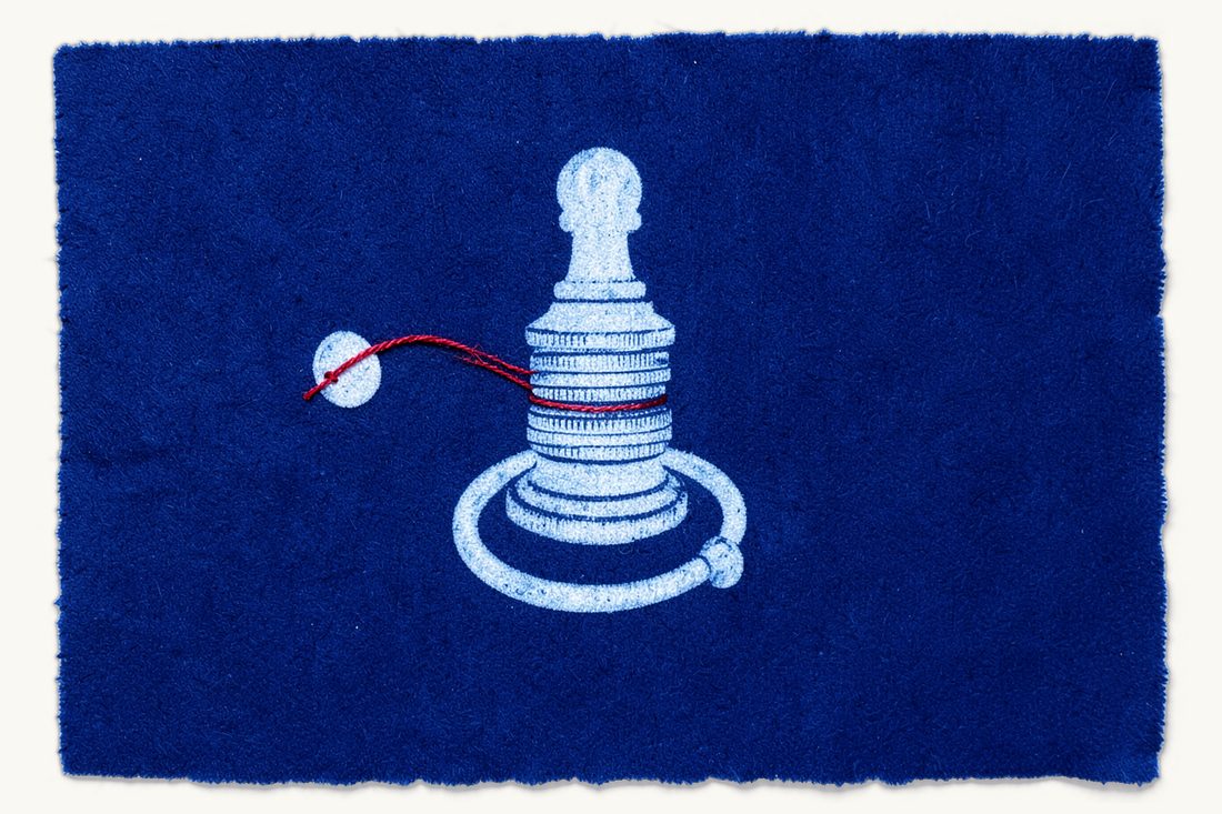 Compensation for loss in a malpractice claim: a tall edge-on stack of coins with a stethoscope coiled at its base, a red thread from a pawn on the left to the top, cyanotype print