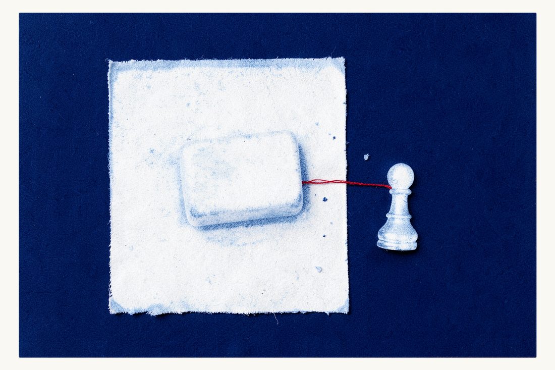 Action declaring a debt not owed: a large plain eraser on a blank sheet it has rubbed clean, a red thread running from it to a chess pawn standing unbound, cyanotype print