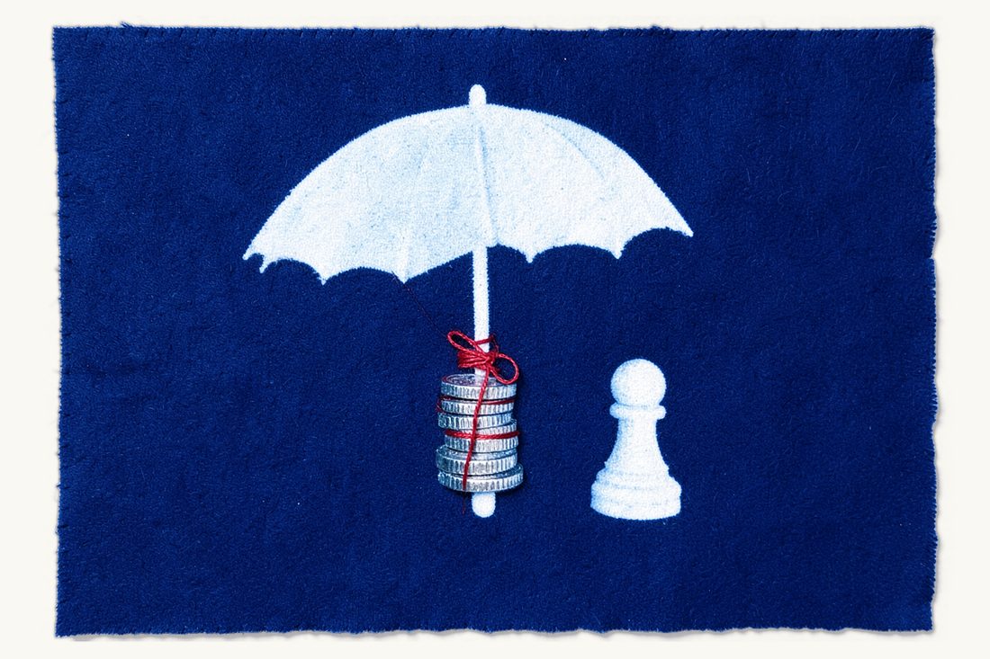 Return of security once a case is resolved: a large open umbrella sheltering a stack of silver coins seen edge-on, tied with a red thread knot, with a chess pawn beside it, cyanotype print