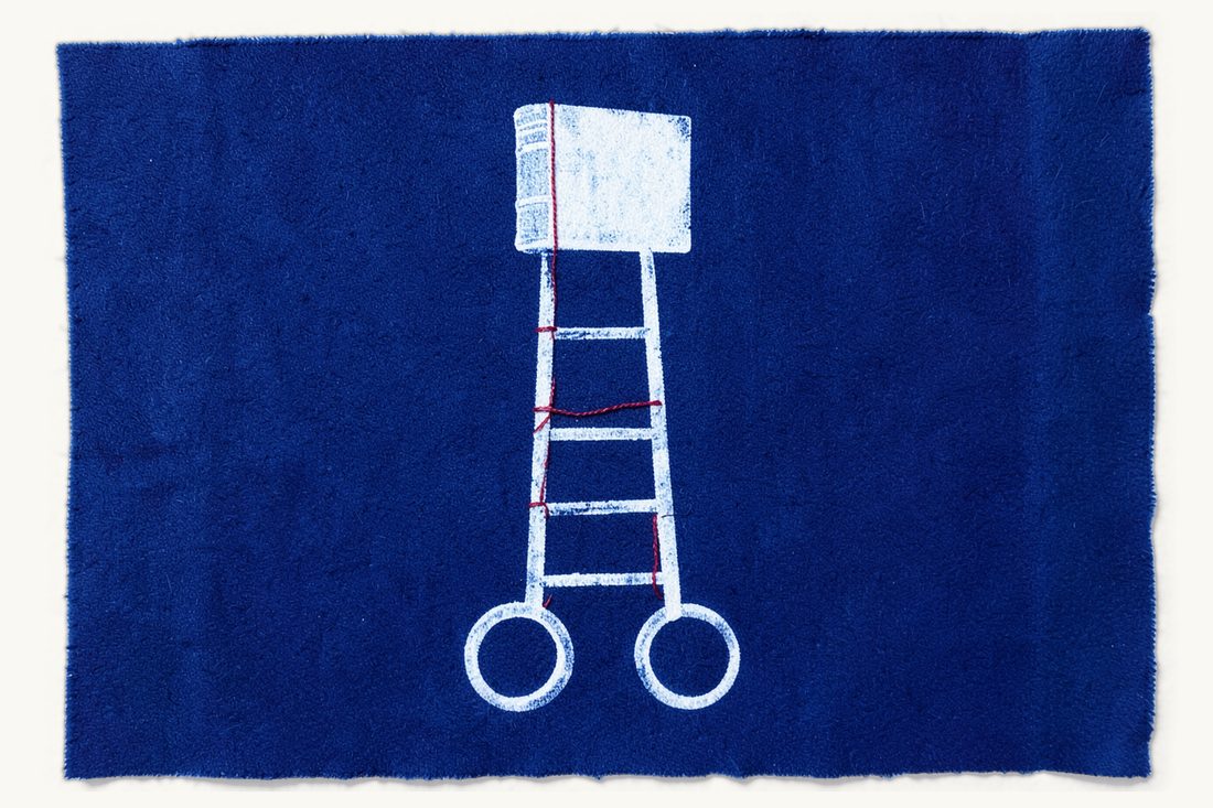 Divorce procedure step by step: a red thread climbing a ladder rung by rung from two wedding rings at its foot to an antique book at the top, cyanotype print