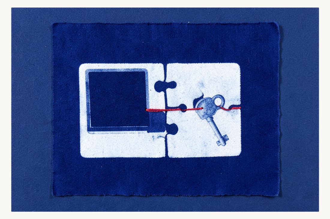 Routes into Turkey without your own license: two large interlocking puzzle pieces, a laptop on one and an old key on the other, a red thread running over the joint, cyanotype print