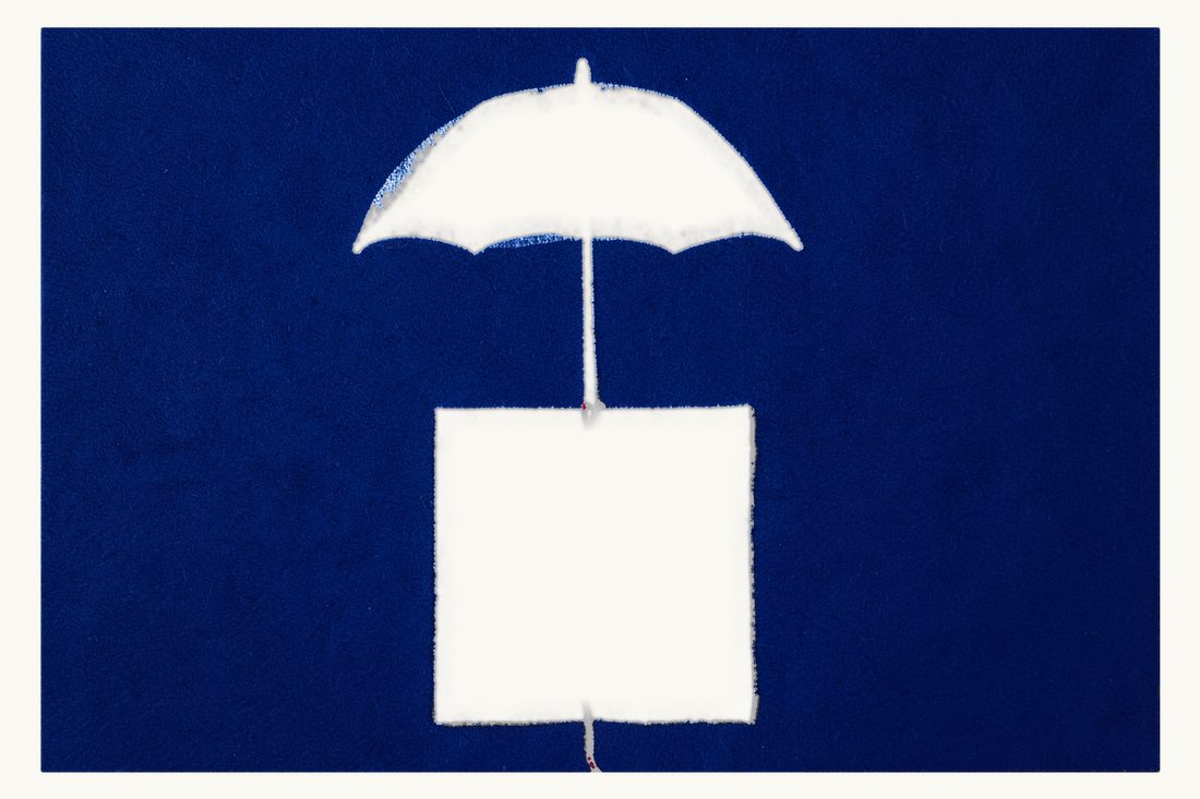 Force majeure clause in a contract: a large open umbrella sheltering a blank sheet with a fountain pen, a red thread running down from the umbrella and tied once around the sheet
