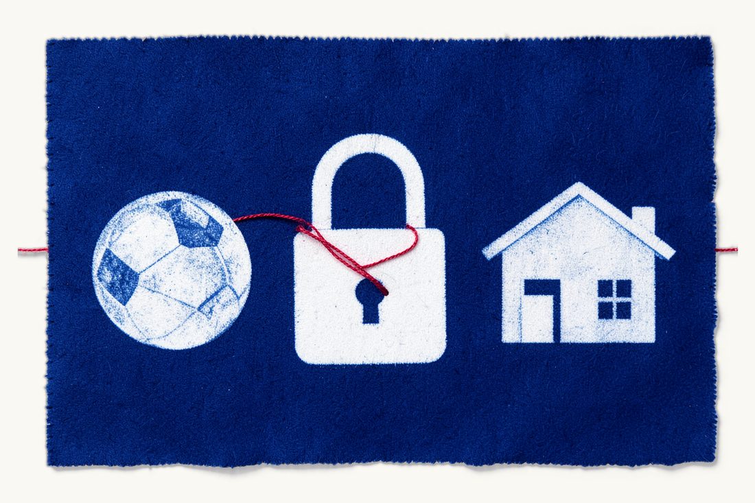 Creditor attachment of sports club assets: a large closed padlock with a red thread through its shackle, binding a football on one side and a small house on the other, cyanotype print