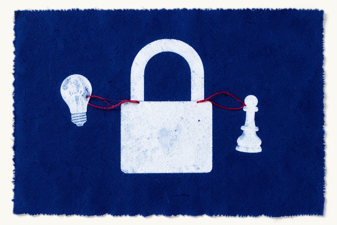 Competition rules limiting franchise restrictions: a large open padlock with a slack red thread passing through its shackle from a lightbulb to a chess pawn, cyanotype print